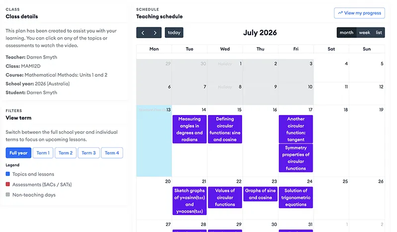 Classes dashboard
