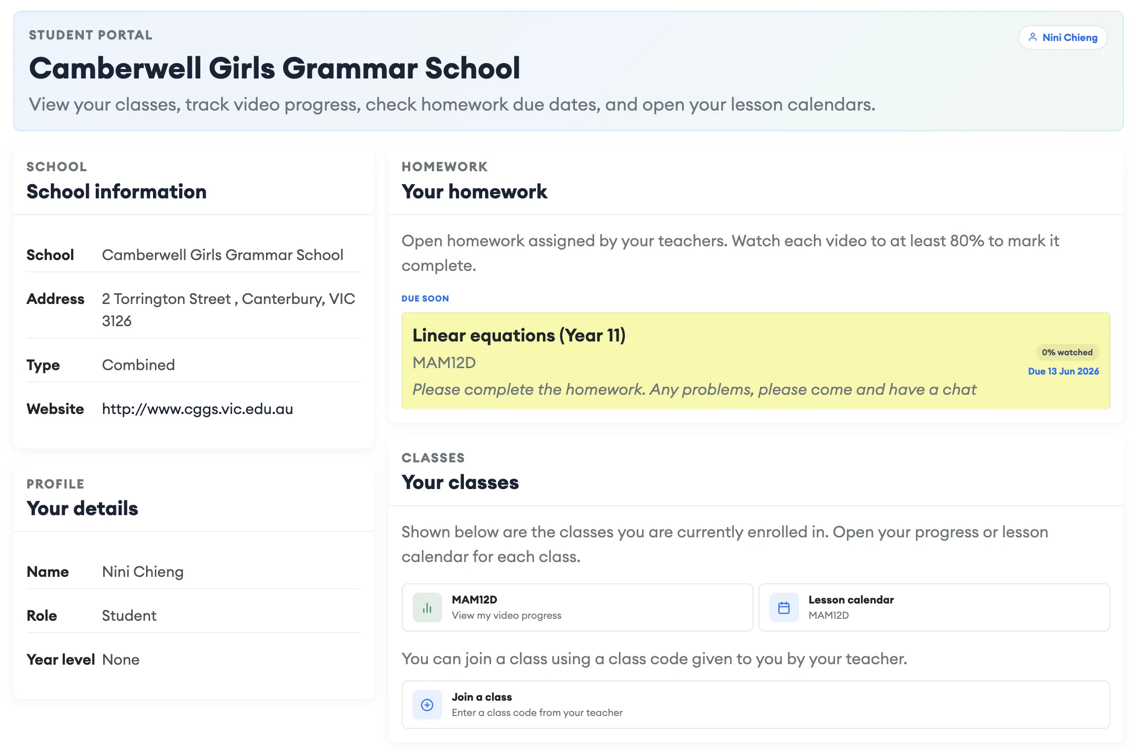 Main student dashboard