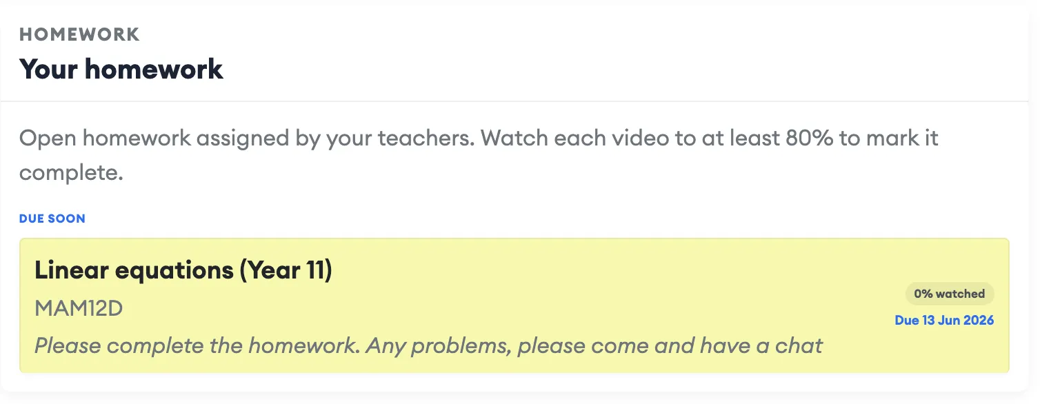 View any homework which has been set