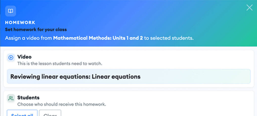 Set homework for a class on MaffsGuru