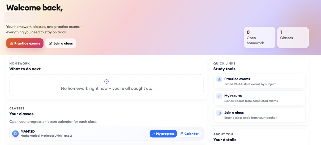 MaffsGuru student dashboard