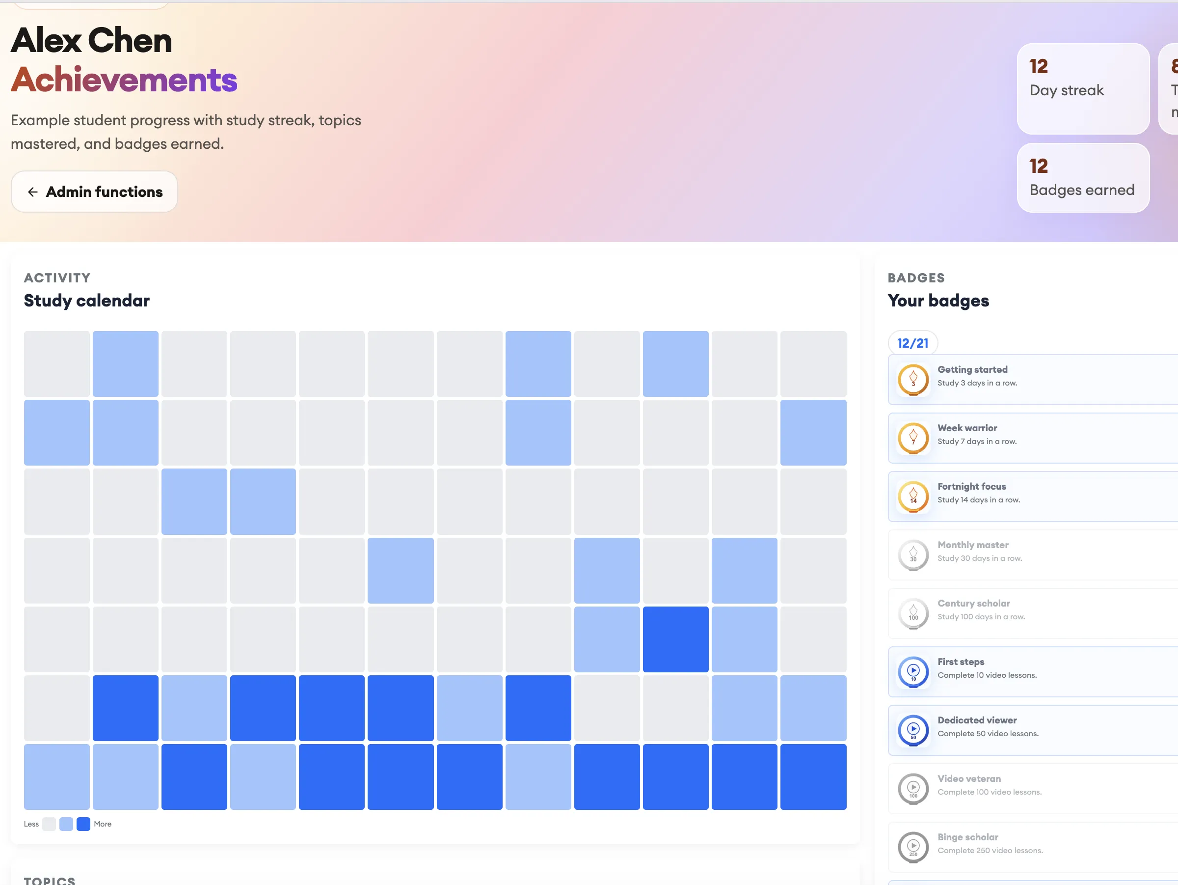 Achievements page with badges, streaks, and study calendar