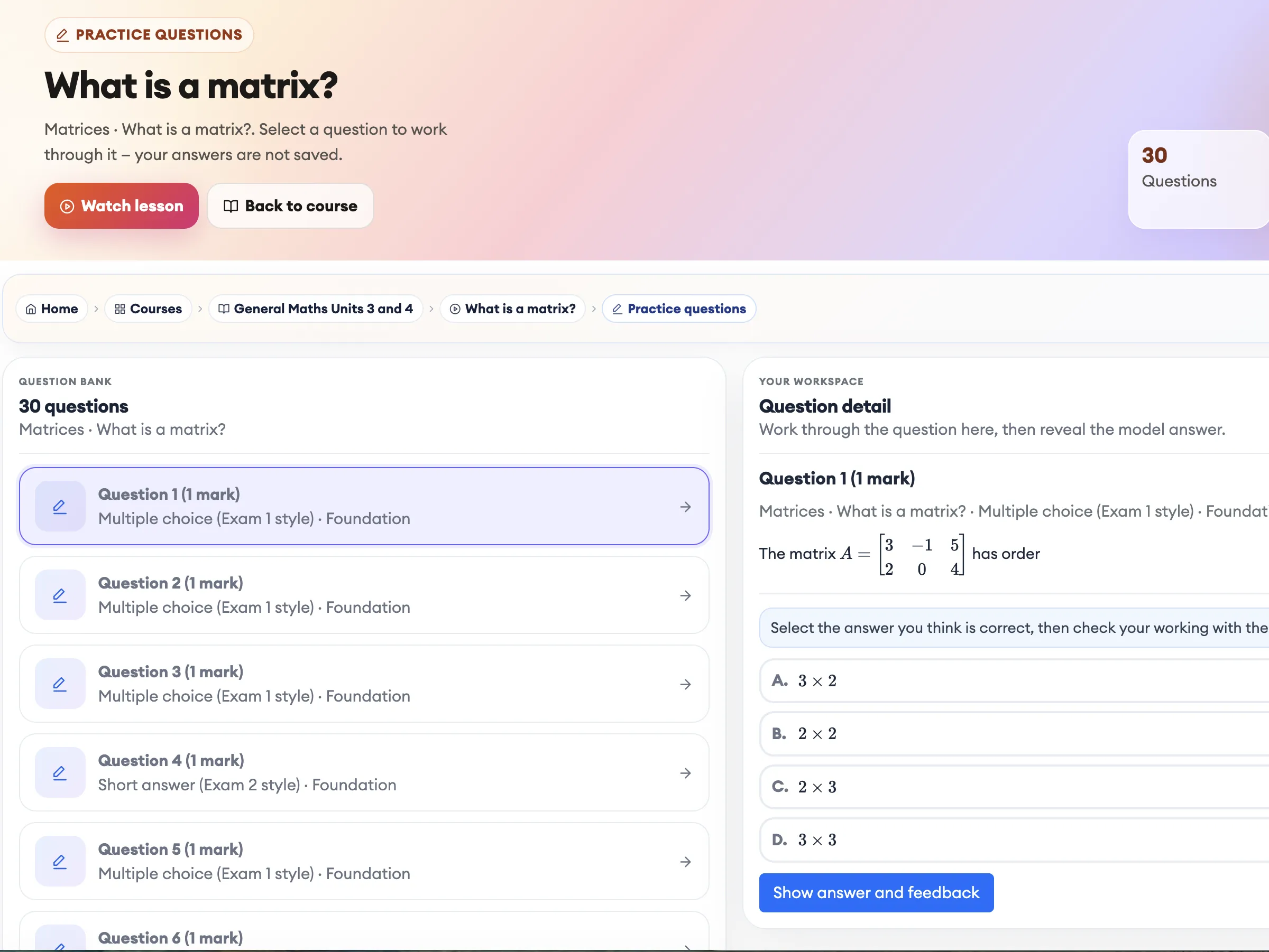 Practice questions panel on a lesson page with MCQ feedback