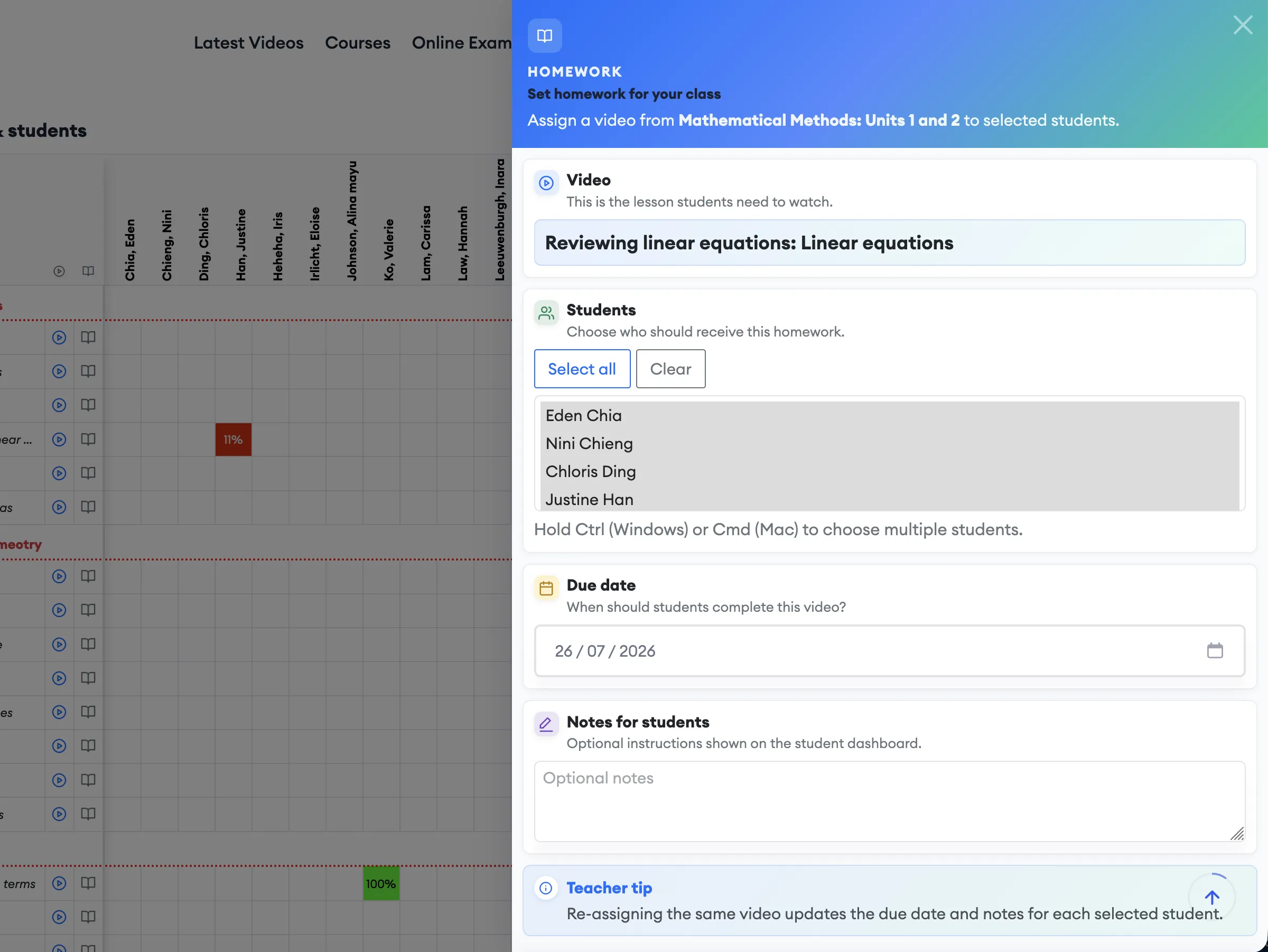 Set homework panel with video picker, due date, and class selector