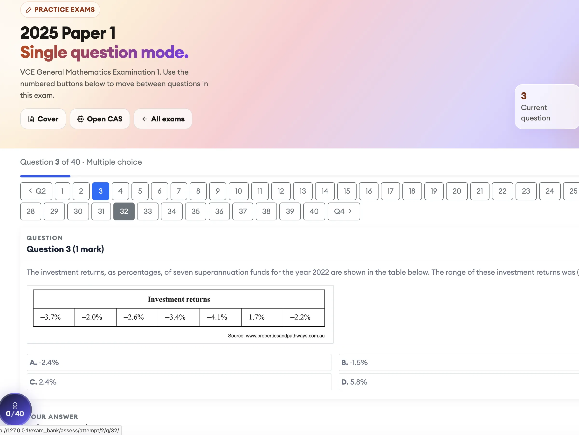 Online practice exam in timed mode with question navigation