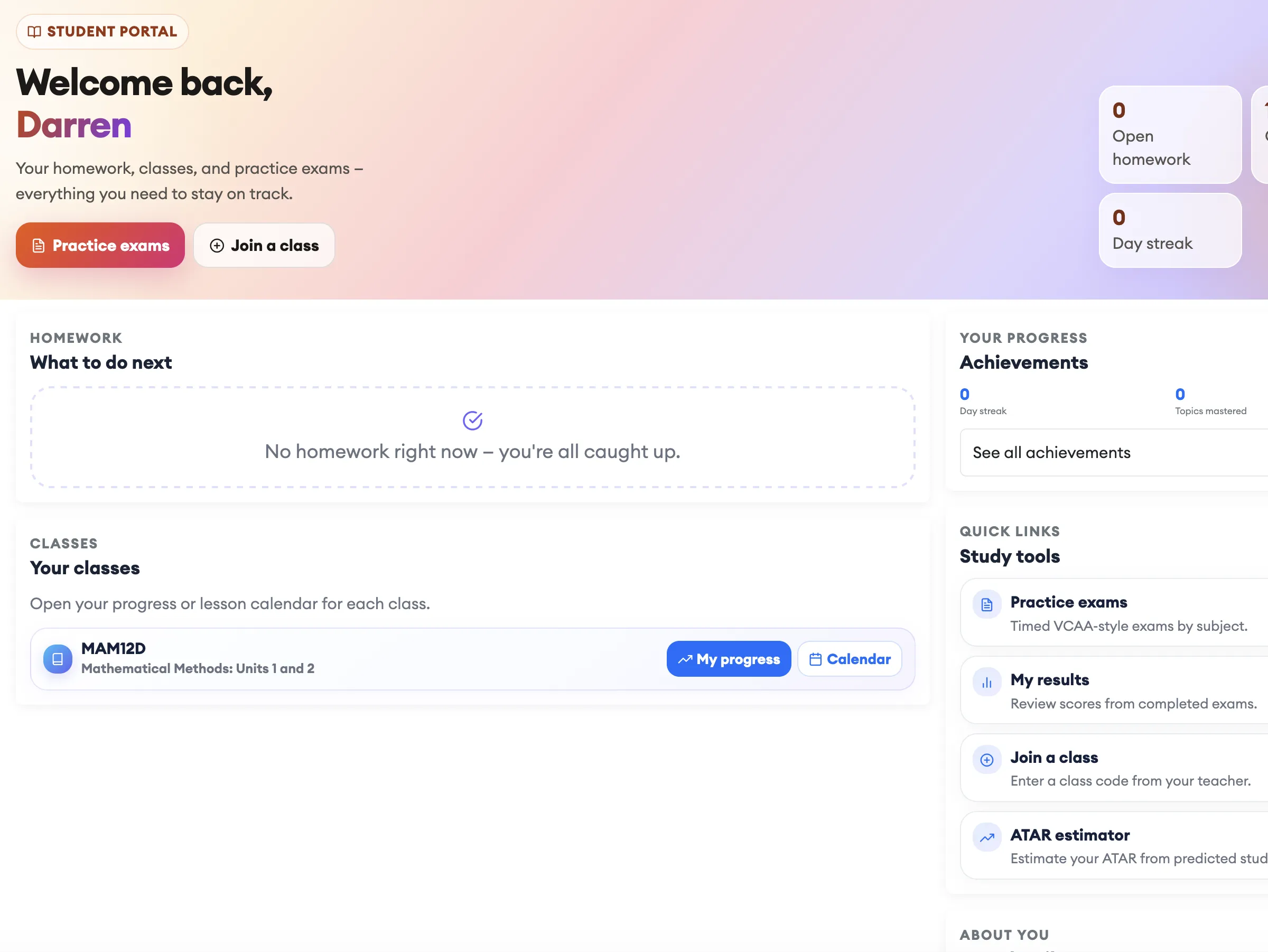 Student dashboard showing homework, classes, and overdue alerts