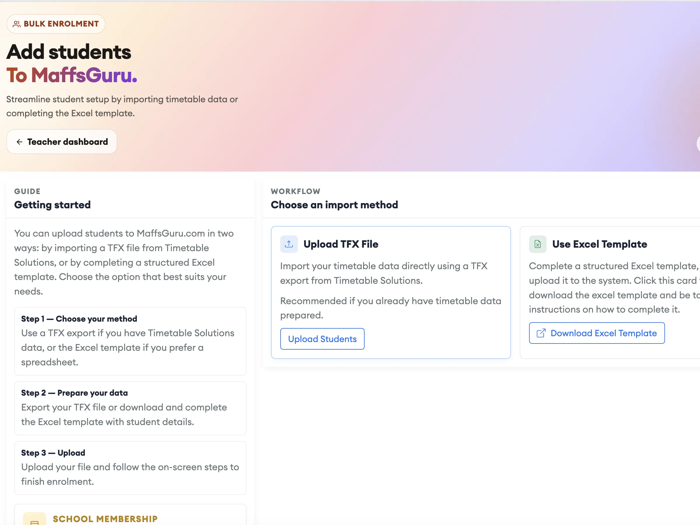 School admin panel with class lists, enrolment, and staff management