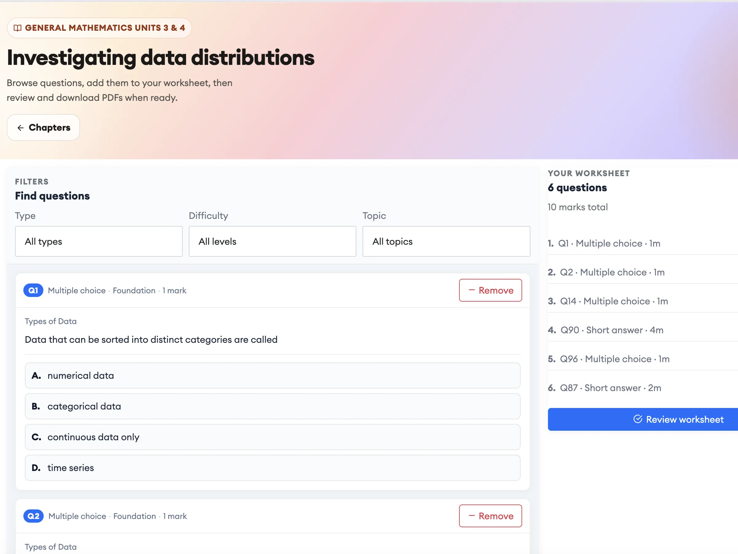 Worksheet generator with question browser and PDF preview